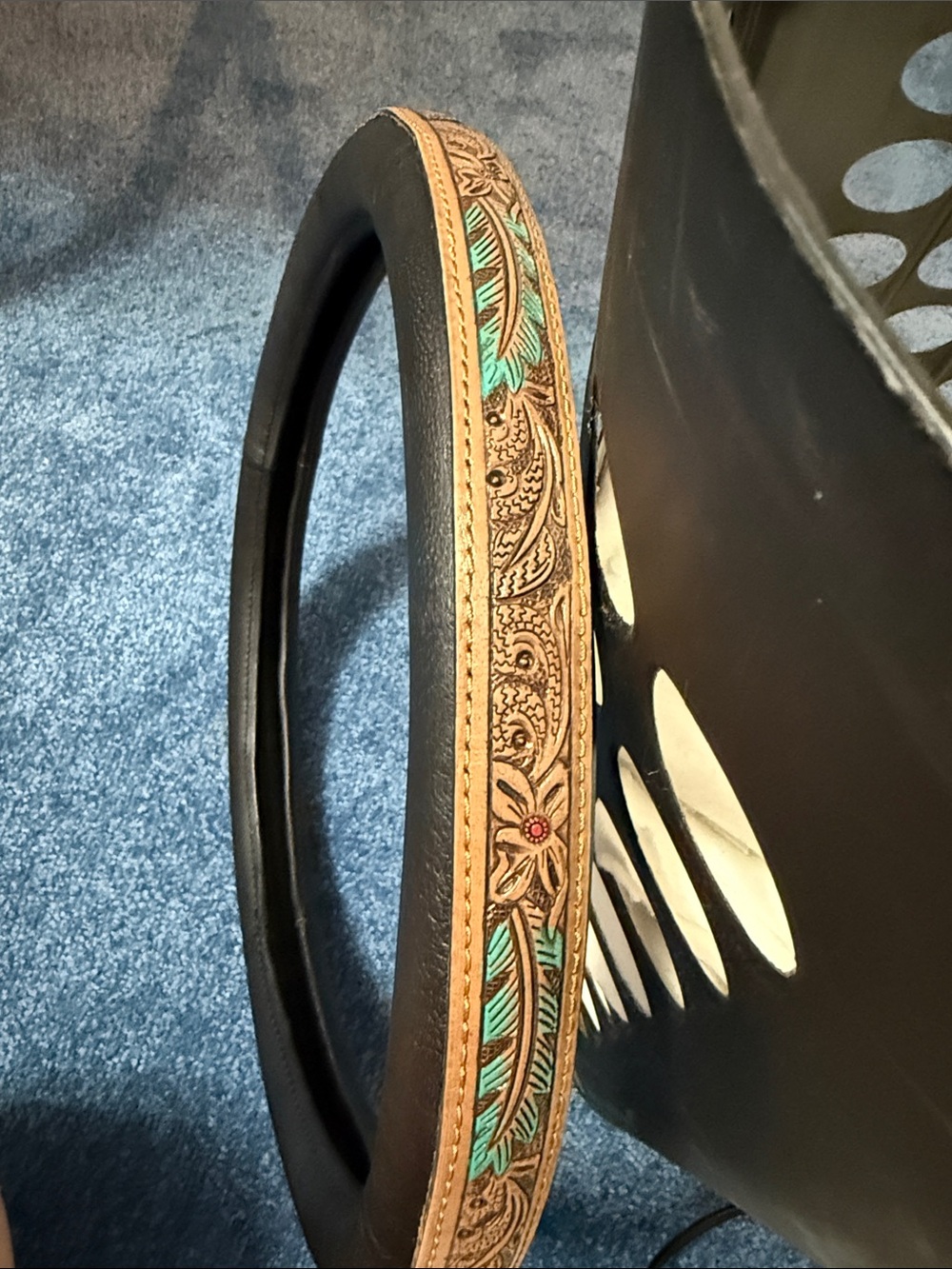 Decorative Brown Leather Steering Wheel Cover with Turquoise Accents